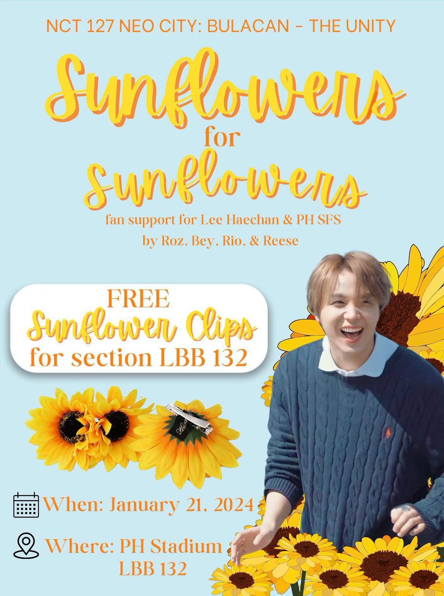 leedhmk's tweet photo. ‼️SUNFLOWERS FOR SUNFLOWERS‼️

hiii !! me and my friends will distribute 264 pieces of sunflower clips for the whole section 132 during the unity in bulacan 🌻

pls dm me if u are seated at the said section as we will be needing hands for the distribution of clips >< https://t.co/SVSNPJh5UG