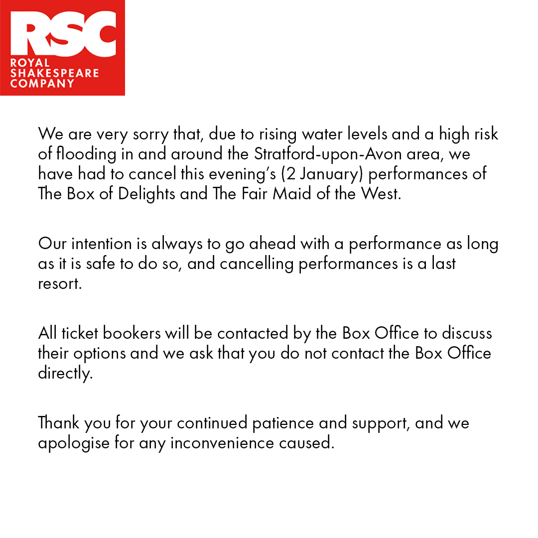 TheRSC's tweet photo. An update regarding this evening's performances of The Box of Delights and The Fair Maid of the West. https://t.co/Iuvj7N6Rq8