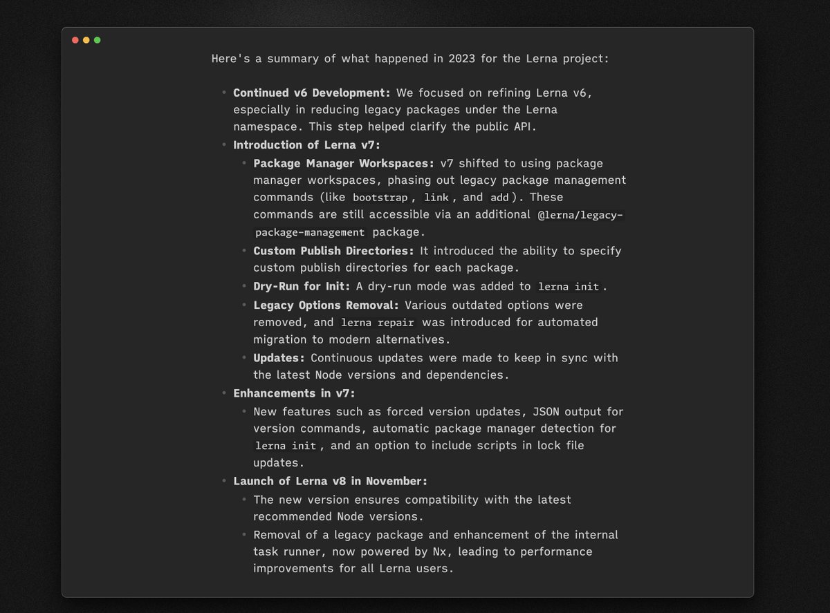 Wondering what's going on in the world of Lerna? Here's a quick summary of 2023 :)

For more check out our docs: lerna.js.org