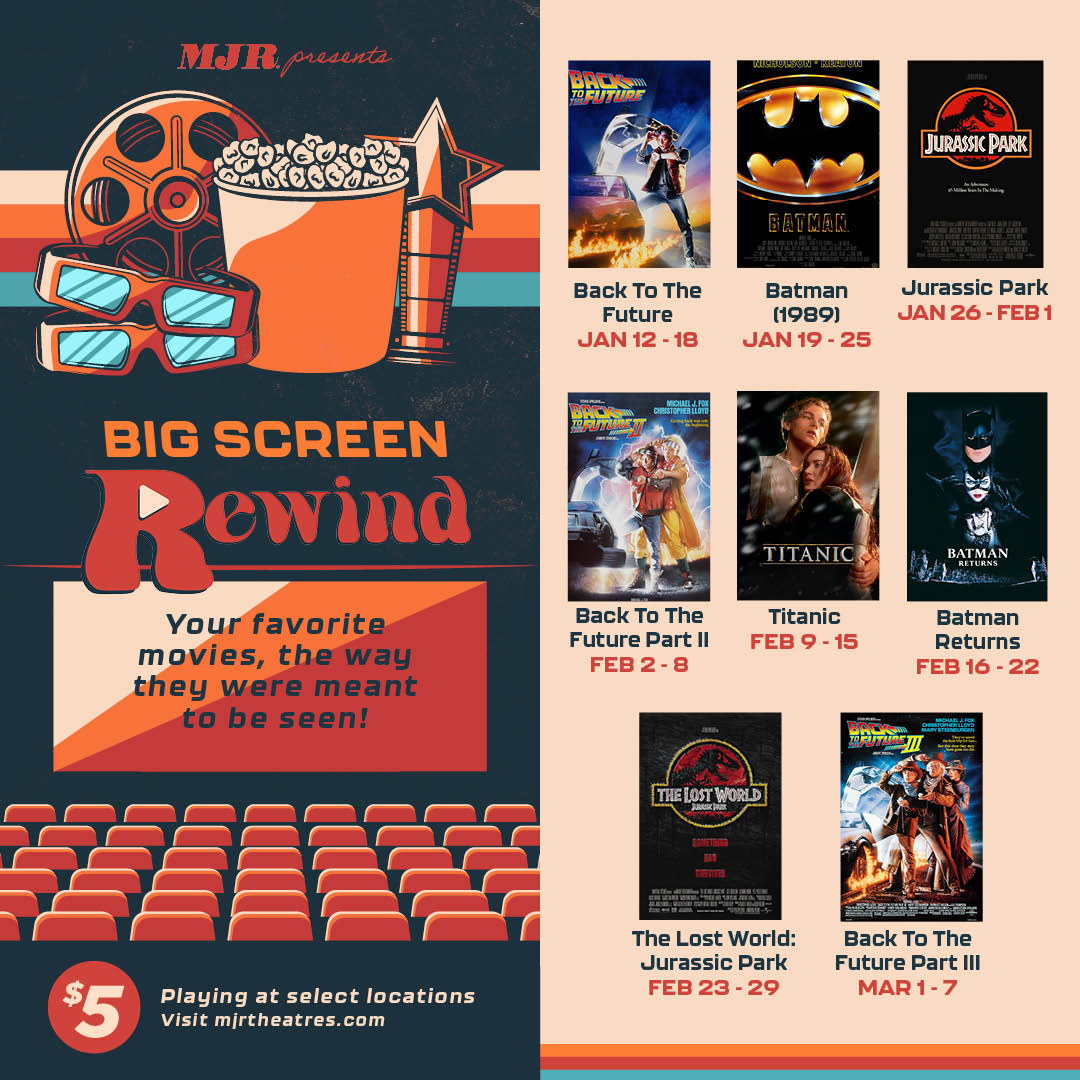 mjrtheatres's tweet photo. The NEW YEAR has begun, and with that comes more of our BIG SCREEN REWIND! π
Join us from January - March at select MJR Theatres as we bring back some Film Favorites for just $5!
Get Your Tickets Here: https://t.co/WPCA9Z8VwM
-
#BigScreenRewind #ItsMoreFunAtMJR https://t.co/ER6geduFHF