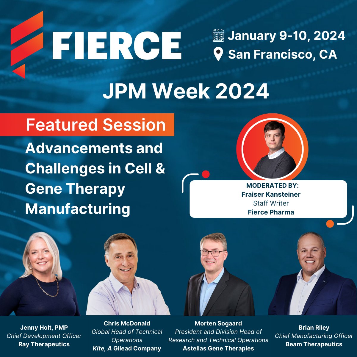 Fierce Life Sciences Events (@lifescievents) on Twitter photo 💡JPM 2024 Featured Session with Jenny Holt (<a href="/RayTherapeutics/">Ray Therapeutics, Inc.</a>), Chris McDonald (<a href="/KitePharma/">Kite, a Gilead Company</a>), A Gilead Company, Morten Sogaard (@AstellasGeneTx), and Brian Riley (<a href="/BeamTx/">Beam Therapeutics</a>)
Register Here: lnkd.in/eTsmh7Pc
#FierceJPMWeek #JPMWeek 💡JPM 2024 Featured Session with Jenny Holt (<a href="/RayTherapeutics/">Ray Therapeutics, Inc.</a>), Chris McDonald (<a href="/KitePharma/">Kite, a Gilead Company</a>), A Gilead Company, Morten Sogaard (@AstellasGeneTx), and Brian Riley (<a href="/BeamTx/">Beam Therapeutics</a>)
Register Here: lnkd.in/eTsmh7Pc
#FierceJPMWeek #JPMWeek
