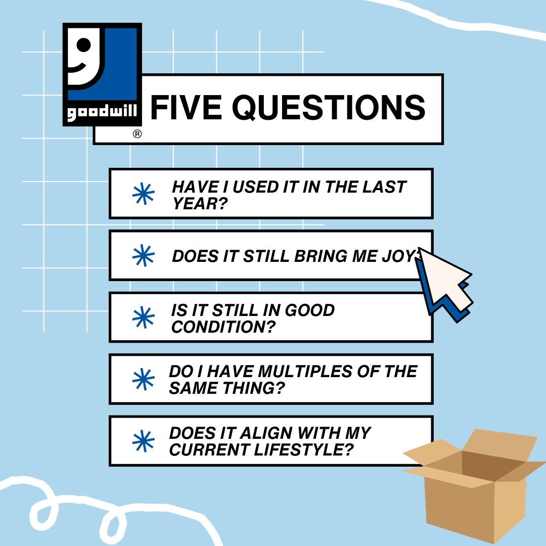 goodwillvalleys's tweet image. January is #GetOrganizedMonth: time to declutter, tidy up, and create space with intention! Use these questions as a guide to decluttering with positivity and purpose. 🧹 #NewYearNewMe #OrganizeForSuccess