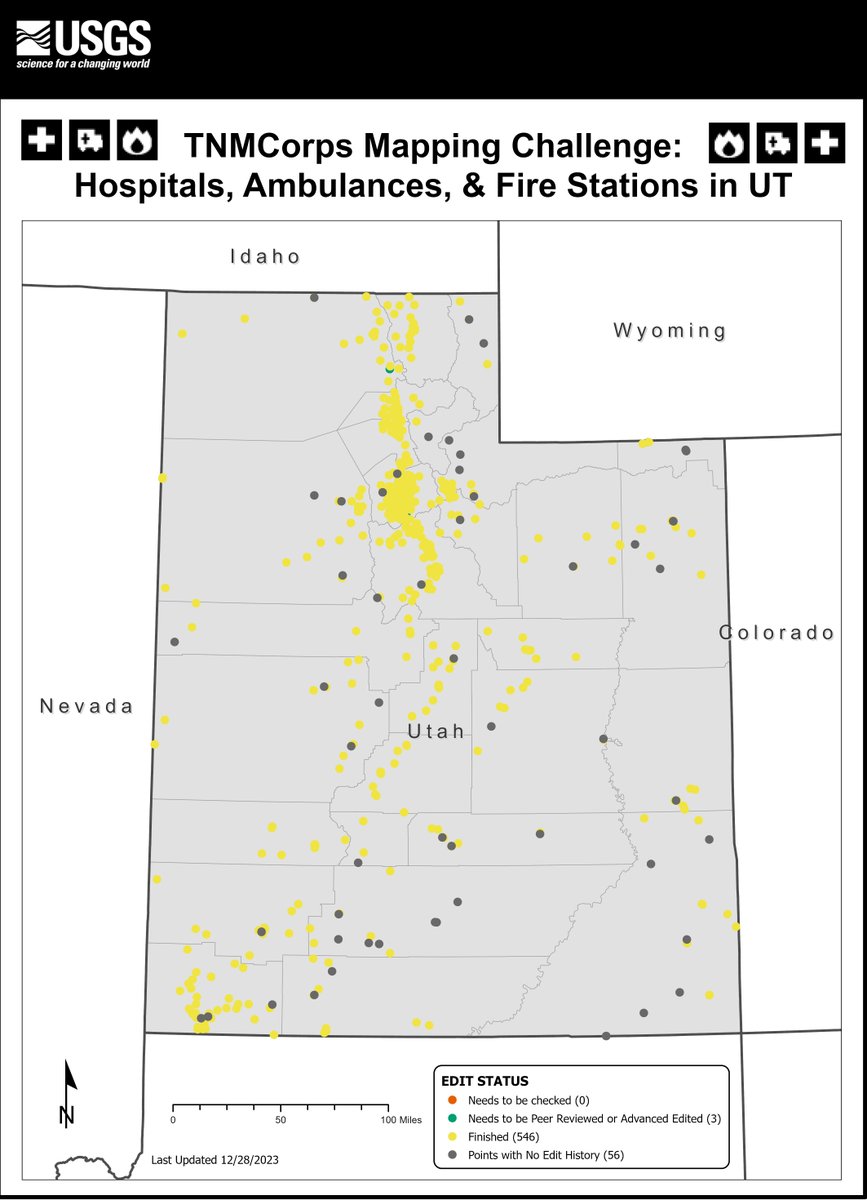 This week we're down to 56 points with no edit history in this hospitals, ambulances, and fire stations in Utah challenge. Happy New Year! Want to participate? Go to ow.ly/ErNF50FLd79 @FedCitSci #citsci #CitizenScience #USGS #TheNationalMap #TNMCorps #GIS #VGI