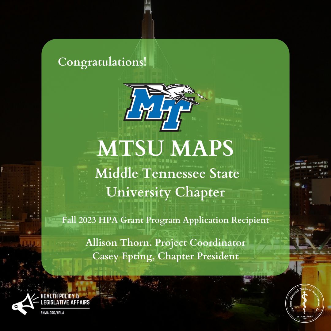 Congratulations to Allison Thorn and Casey Epting from Middle Tennessee State University #MAPS for receiving the Fall 2023 HPA Grant! #HPLA #SNMA #premed #BlackInMedicine #MinoritiesInMedicine #DiamondsInMedicine #StudentDoctors #FutureDoctors #DiversifyMedicine #SNMAExcellence