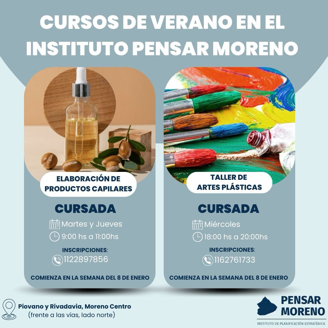 PensarMoreno's tweet photo. ☀️💪🏽| Ya podes inscribirte en los cursos de verano

👉🏼Elaboración productos capilares.
👉🏼 Artes plásticas.

¡Te esperamos! https://t.co/TyodyliNzH