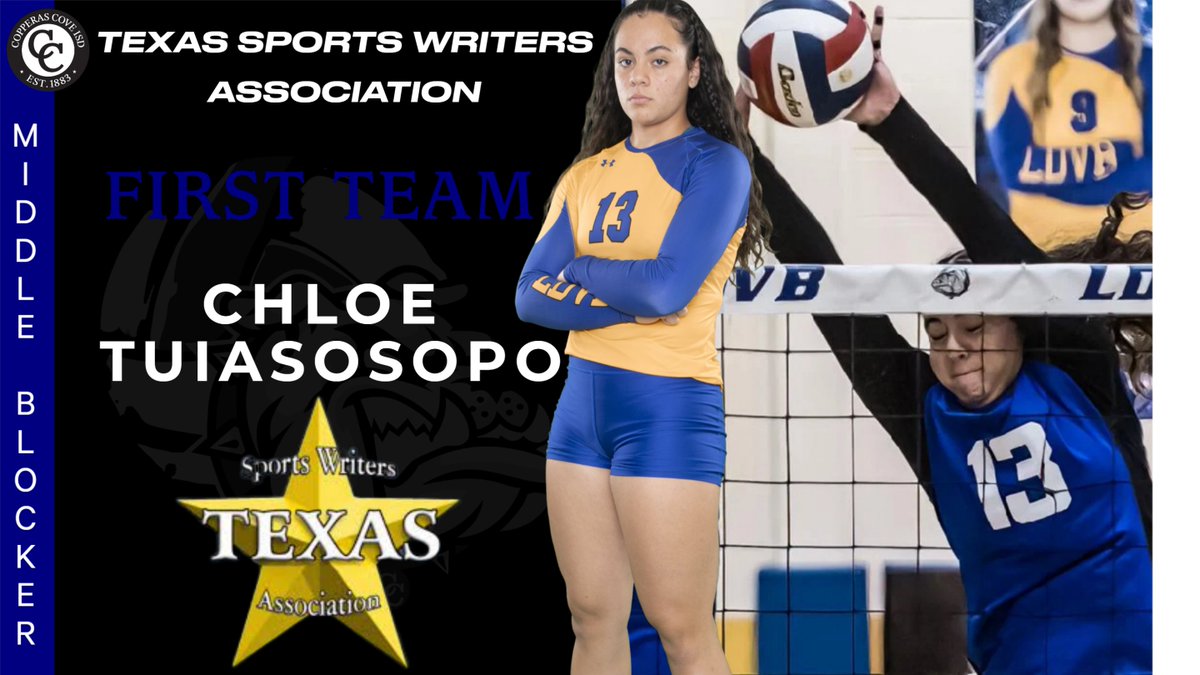 GodawgnationC's tweet photo. Congratulations to Jr. Chloe Tuiasosopo for making the Texas Sports Writers Associations 1st Team as a Middle Blocker !  Chloe is the only 6A player in the area to make first team.  She tallied 269 blocks, 117 solo blocks, and 6.3 blocks per set for the season. https://t.co/vahQg5CNy4