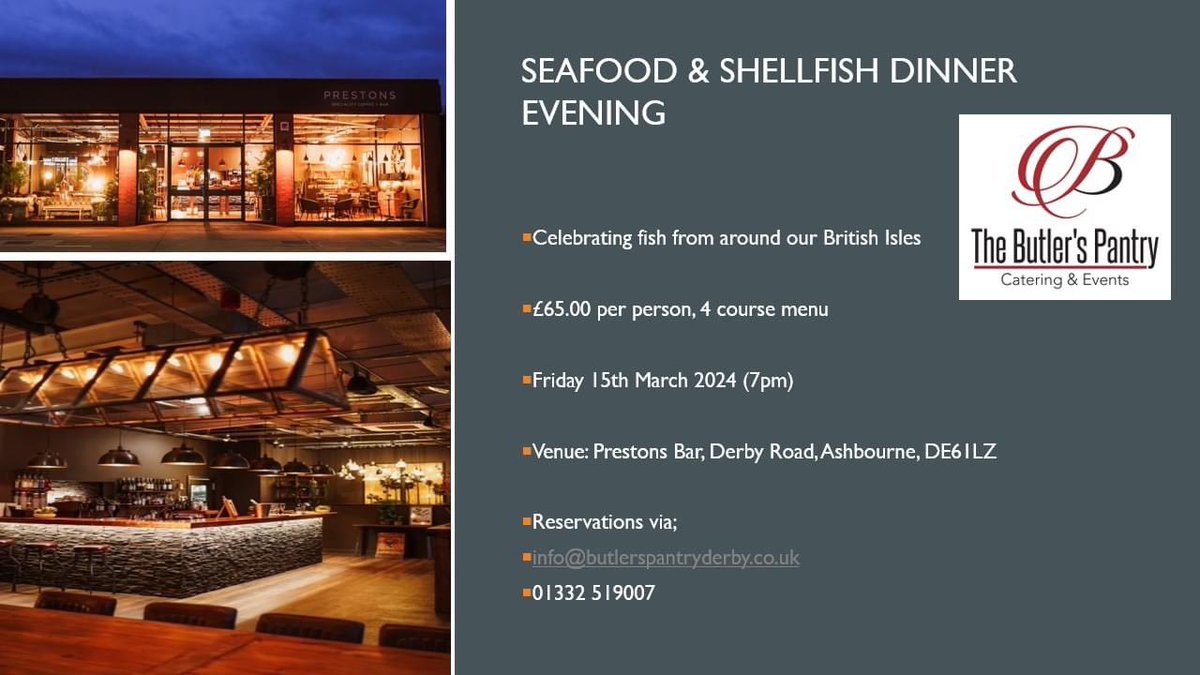Moving onto our 2024 events; If you love fish; we have limited tables left available for our 4 course Seafood & Shellfish Dinner evening on Friday 15th March at Preston’s Bar nr Ashbourne. Full details below;