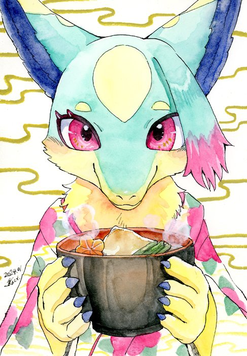 「ド深夜になっちゃったけど描き初め お雑煮を持って嬉しそうなヒロト」|猫田博人🦭🌟「治癒なぜ」連載中のイラスト