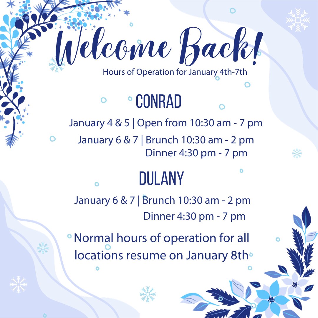 Welcome back for another semester Hornets! 🥳Starting Thursday, Conrad will be open all day during the move-in week (January 4 and 5) and Dulany will reopen with normal weekend hours on January 6 and 7 🙌