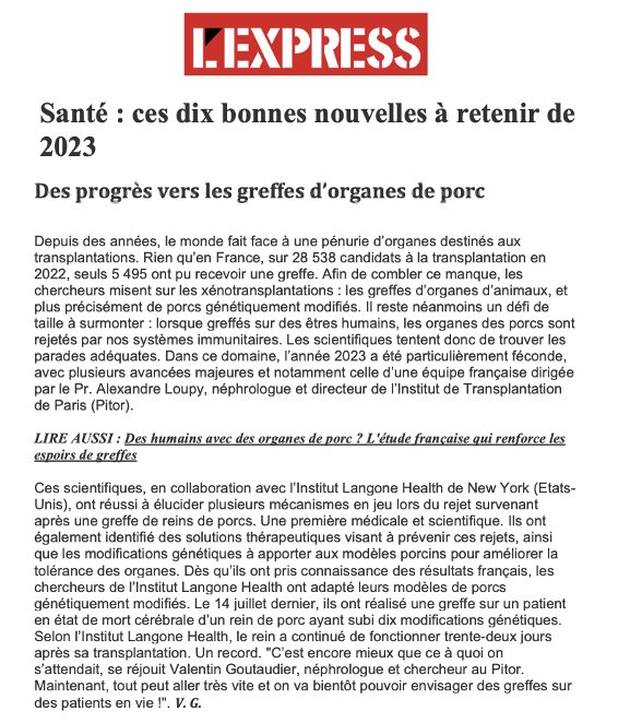 🥳 @LEXPRESS cite nos travaux @ParisTxGroup sur la #xénotransplantation parmi les 10 bonnes nouvelles en santé à retenir pour l’année 2️⃣0️⃣2️⃣3️⃣ ! Plein de projets en perspective pour renouveler l’exploit en 2️⃣0️⃣2️⃣4️⃣ 😉 @AlexandreLoupy @univ_paris_cite @Inserm @parcc_inserm @APHP