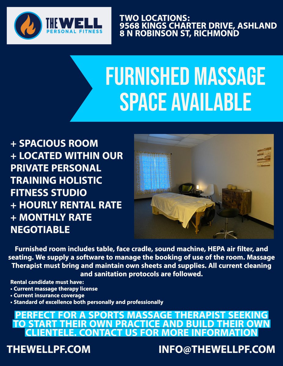 We currently have furnished space available for massage therapists to have an opportunity to
build their own client base and business. 

Contact Aubrey at 804-367-3589 or aubrey@thewellpf.com for more information and
to discuss further.

#rva #rvamassage #rvawellness