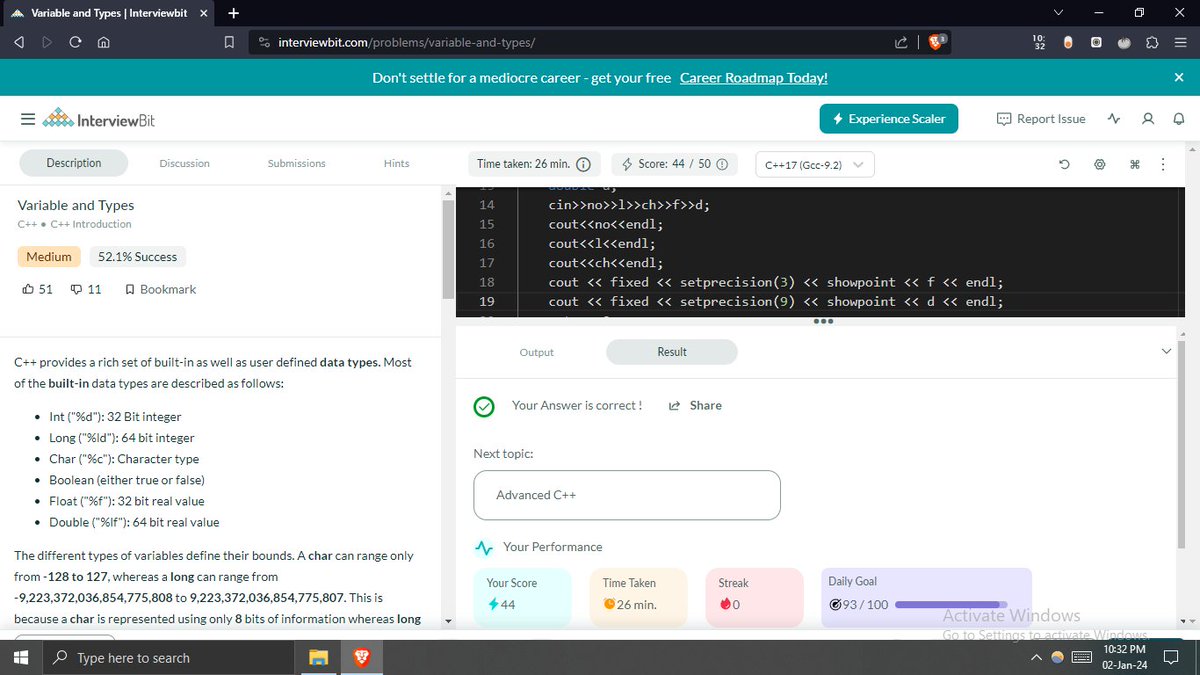 Rahul_codingrah's tweet photo. Hello All,
I have completed #Day001 of #365DaysofCode Challenge with @Scaler_official
Today I solved C++ questions:
1. Hello world
2. Variable and types
Scaler discord community link: https://t.co/tEPlg94dOL…
#scalerdiscord #codewithscaler #365daysofcodescaler #interviewBit https://t.co/oznvAxrMRQ