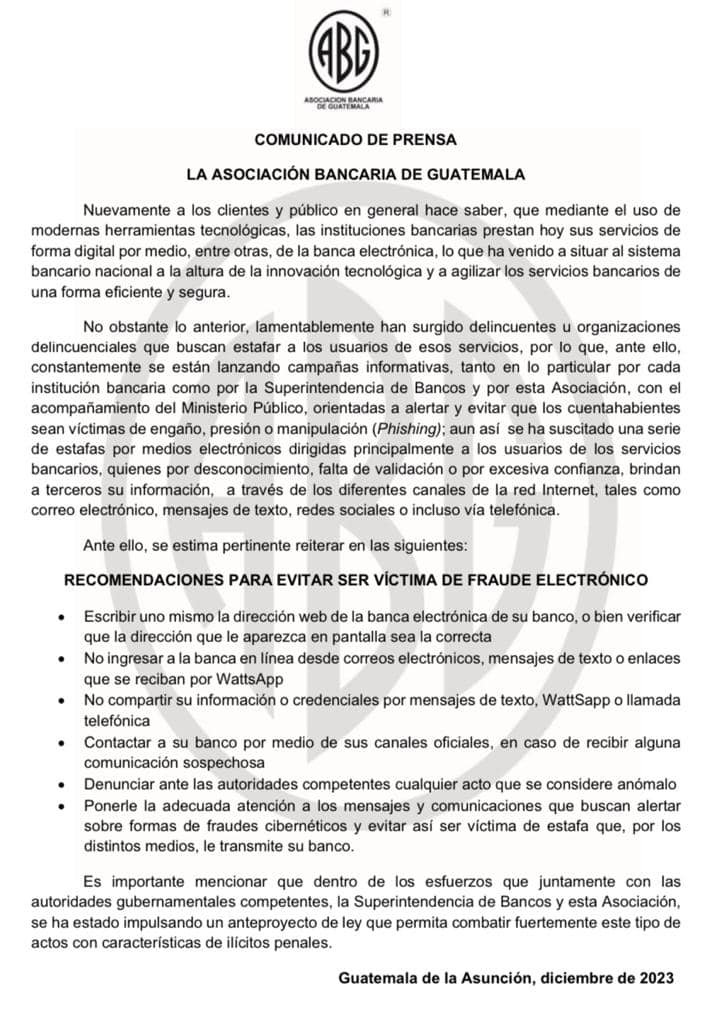 Por medio de un comunicado, la Asociación Bancaria de Guatemala comparte recomendaciones para evitar ser víctima de fraude electrónico. Recuerda seguir estas medidas para cuidar tu bienestar financiero. #TuBienestarEsNuestroTrabajo