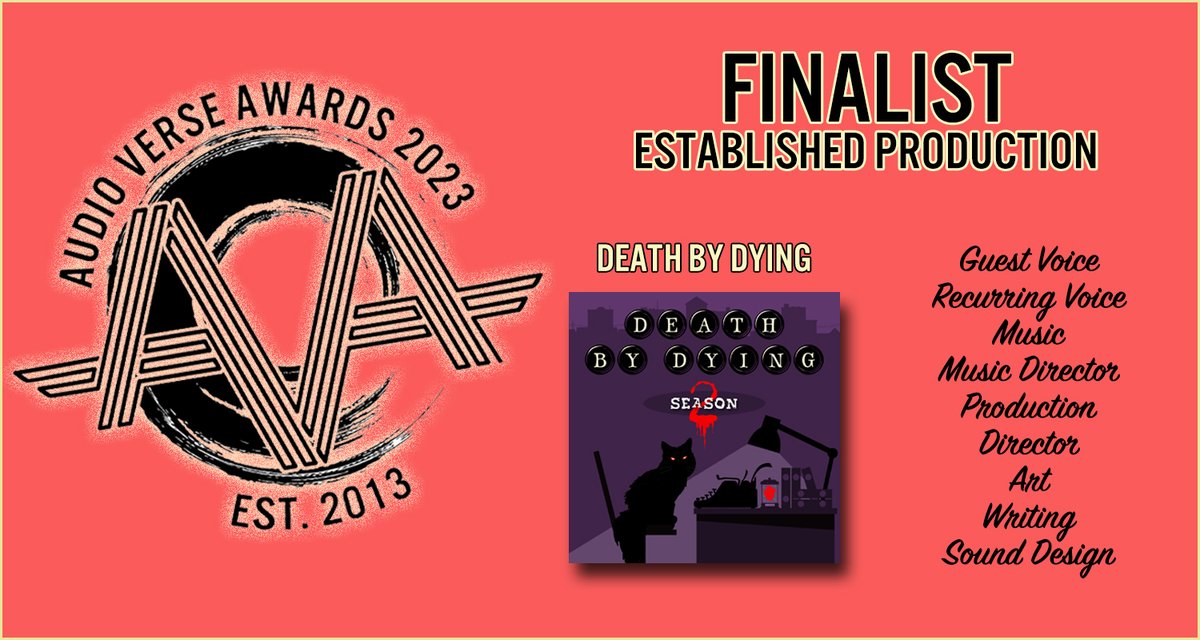 audioverseawrds's tweet photo. CHECK OUT OUR FINALISTS! @DeathbyDyingPod "Death by Dying" An obituary writer solves mysteries in the town of Crestfall, Idaho... madness ensues. A whimsical dark comedy. VOTE HERE: https://t.co/DbxlpR6D2a

#audioverseawards #audiofiction #audiodrama #fictionpodcast https://t.co/PMCQs4COxV