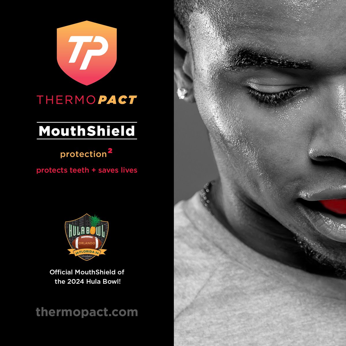 Hula Bowl x ThermoPact - We’re excited to announce ThermoPact MouthShield has been named the official mouthguard of the @Hula_Bowl! protects teeth + saves lives 💥🔥🏈 protection²

#HulaBowl #ThermoPactMouthShield #ProtectsTeethSavesLives #Protection2 #Football #CollegeFootball