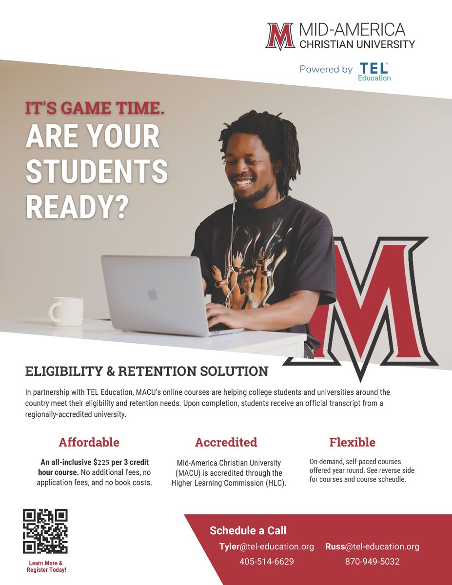 tholland_TELED's tweet photo. Student Athletes and Coaches! MACU powered by TEL is still accepting Fall 23 enrollments until Jan 8. MACU, a regionally accredited institution, ensures transferability. Enroll in a 2-week course today! https://t.co/AxyCrZVMlt https://t.co/50r6ufkWka