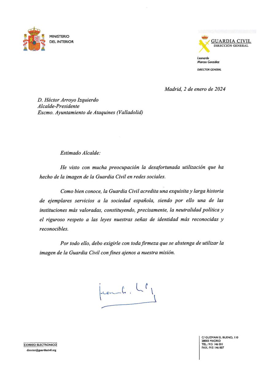 guardiacivil's tweet photo. El director general de la @guardiacivil exige al alcalde de Ataquines que no instrumentalice a esta institución para sus fines políticos de partido.

Leonardo Marcos le ha remitido una carta en la que califica de desafortunado el post del primer edil de esta localidad vallisoletana por el menoscabo a la imagen del Cuerpo.