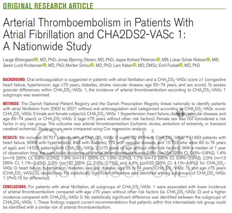 In this 🇩🇰 std of pts w/ #AF - all #subgroups of CHA2DS2-VASc 1️⃣ were associated w/ a ⬇️ incidence of arterial #thromboembolism compared w/CHA2DS2-VASc 2️⃣ &amp; a ⬆️ incidence compared w/ CHA2DS2-VASc 0️⃣. 

Want to know more? 
Just published in <a href="/CircAHA/">Circulation</a> 👇