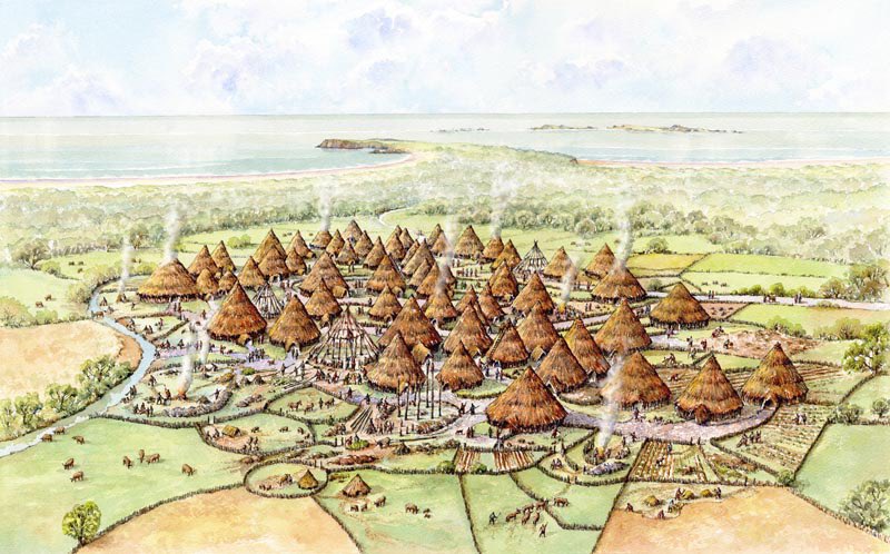 Artistic reconstruction of a Bronze Age Settlement in Corrstown, Portrush, UK by Philip Armstrong.