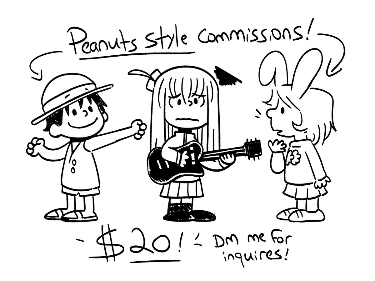 people seem to really like my peanuts styled drawings.. and coincidentally, I'm trying to save money for my trip to Japan, soooo these are open! 🤯 DM if you're interested 🥹