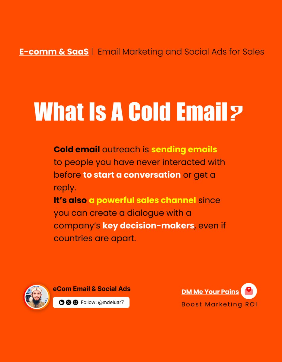 What is Cold Email?

Cold email outreach is sending emails to people you have never interacted with before to start a conversation or get a reply.

It’s also a powerful sales channel...

#coldemail #emailoutreach #outreach #marketing #sales #ecommarketing #business