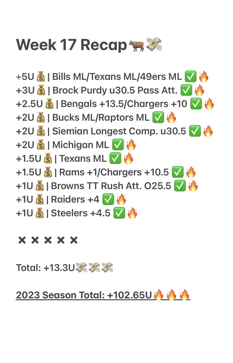 BullishBets_'s tweet image. 💸💸💸ANOTHER HUGE WEEK💸💸💸

VIP absolutely crushed it in Week 17🤑🤑

I’m running a special PROMO for the last week of the #NFL Regular Season🔥

Click below for an 80% OFF discount on my 1-Week Pass for Week 18!🐂📈

dubclub.win/r/p/pri-pymtx/…

Lets keep makin money boys!💸🤝📈