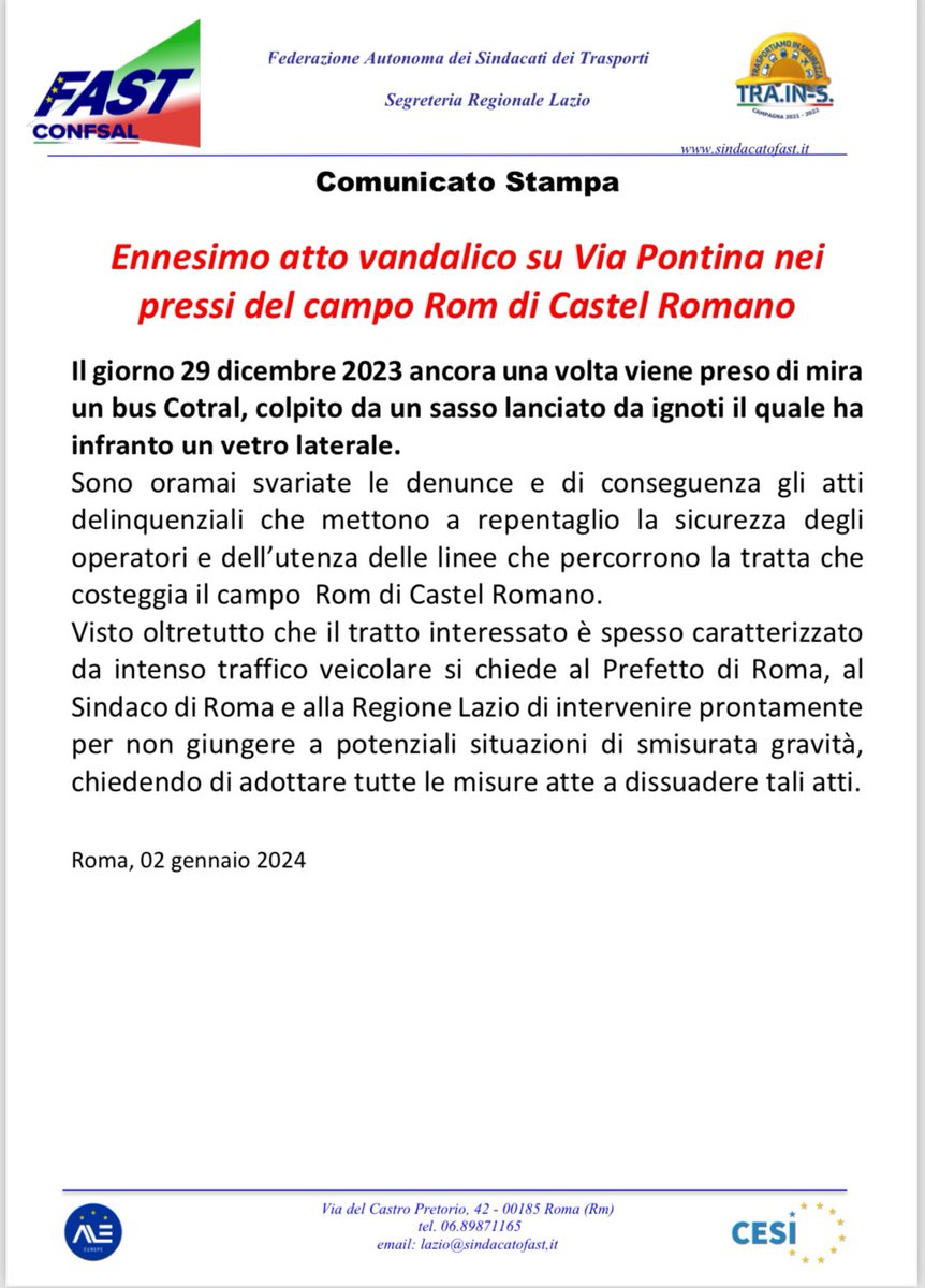Sindacato Lavoratori Mobilità Fast Confsal Lazio tweet media