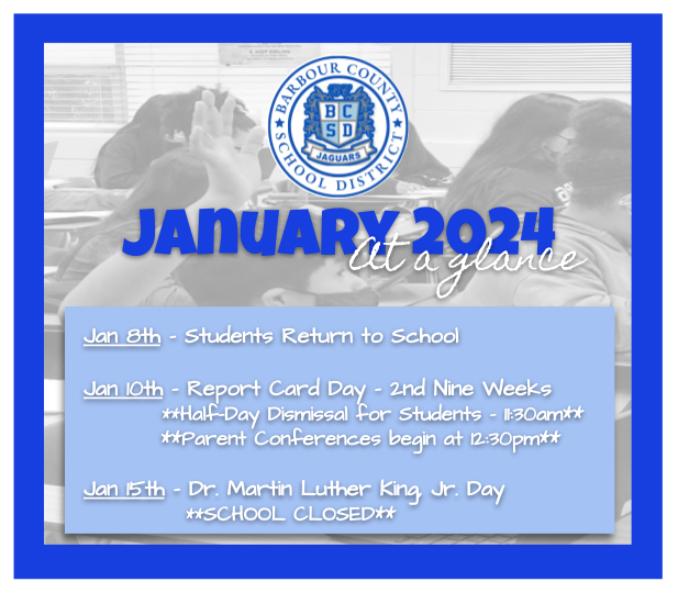 HAPPY NEW YEAR AND WELCOME TO THE SPRING SEMESTER!
We look forward to welcoming our students back for the second half of the school year on Monday, January 8th. There are 17 student days this month; let's shoot for PERFECT ATTENDANCE.
#agreaterbcs #bcsattendancematters #BCSstrong