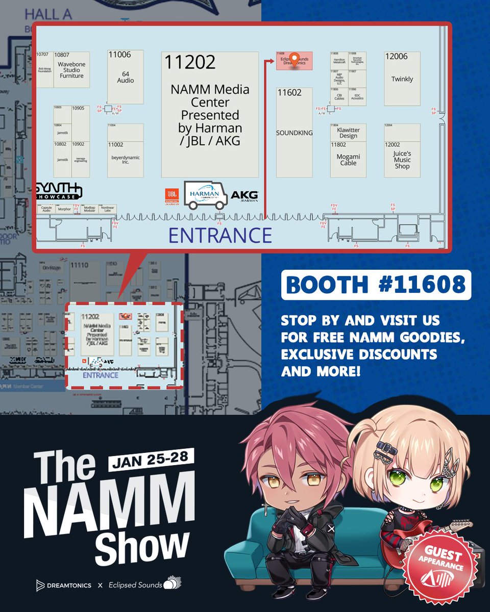 audiologie_en's tweet photo. Synthesizer V JUN AND ANRI Arcane will be attending NAMM 2024 as guests of Eclipsed Sounds @eclipsedsounds and Dreamtonics @dreamtonics_en. Stop by the booth for NAMM exclusive discounts and freebies! We have a special collaboration song in the works with SAROS for NAMM. Look forward to the drop!🌟 #SynthesizerV #SynthV_JUN #SynthV_ANRI_Arcane