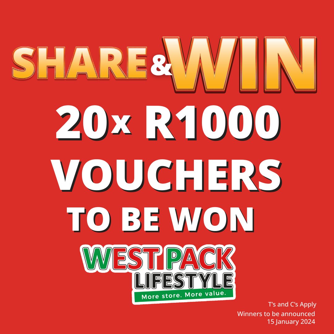 westpackstores's tweet photo. IT'S BACK ON ❤️💚 SHARE &amp; WIN
Stand a chance to win 1 of 20x R1,000.00 West Pack Vouchers for sharing our new promotion and commenting with your nearest West Pack store and #WestPackLifestyle. 

View More ➡️ ➡️ https://t.co/pv8uxX5gQz https://t.co/klaSXEDI6z