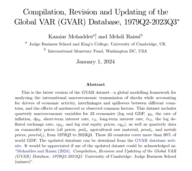 Happy New Year!! 🥳🎉🥳

We're pleased to release the latest version of the Global VAR (#GVAR) dataset, which includes quarterly macroeconomic variables for 33 economies over the 1979Q2 to 2023Q3 period, available from: mohaddes.org/gvar

GVAR is a global modelling