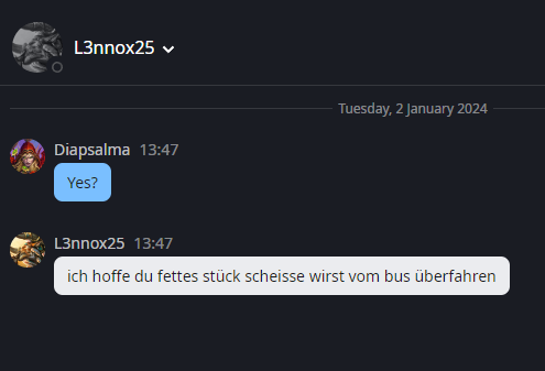 Guess everyone wasn't happy to loose to my meme decks... 
English translation: "I hope you fat piece of shit get hit by the bus"
Guess I should take it as a compliment...