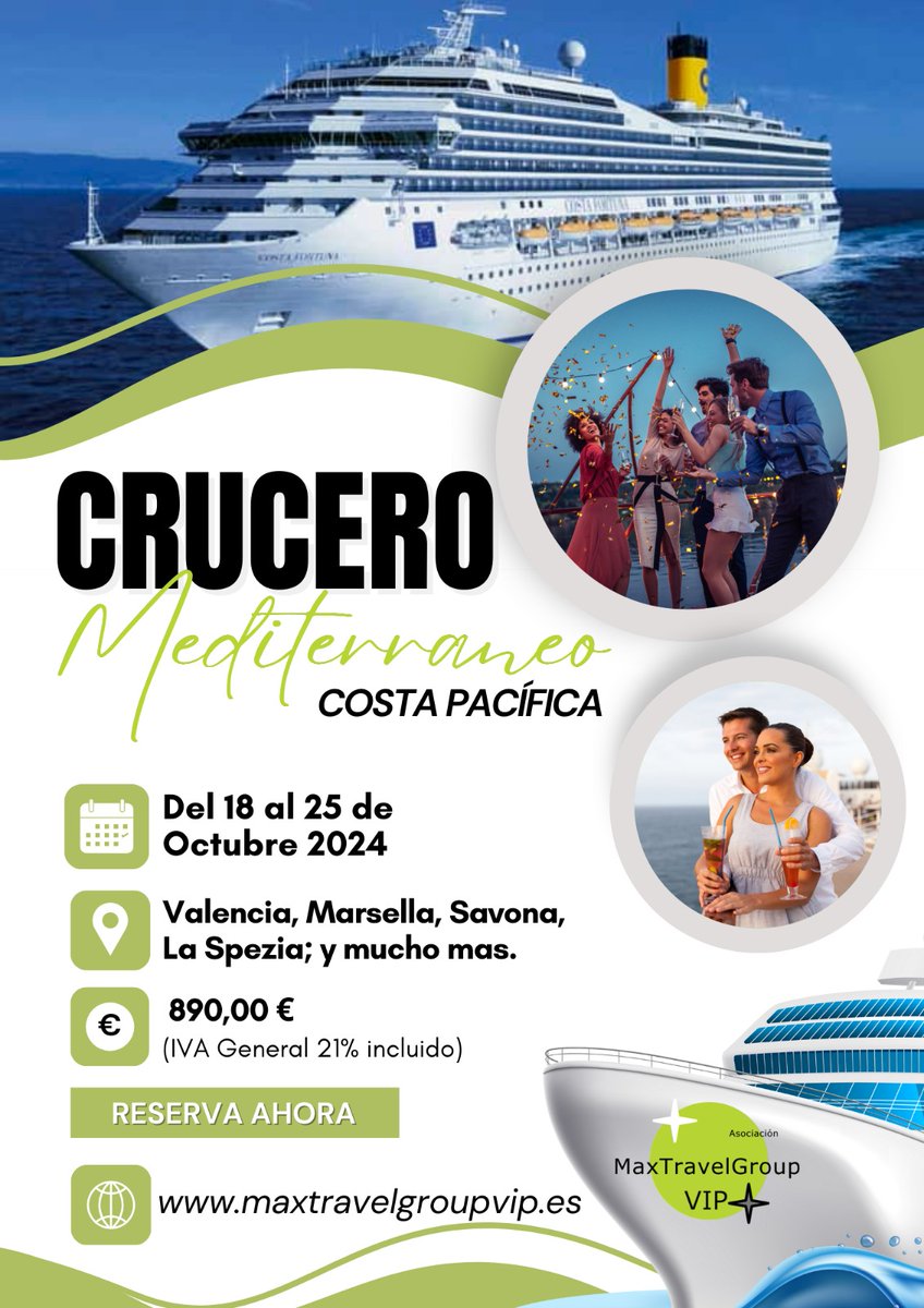 AMaxtravel's tweet photo. Descubre el Encanto del Mediterráneo a Bordo del Costa Pacífica 

¡Embárcate en una travesía única del 18 al 25 de octubre de 2024 a bordo del majestuoso Costa Pacífica! 
Precio Especial: 890,00 € (IVA General 21% incluido) https://t.co/YQao8ldOjL