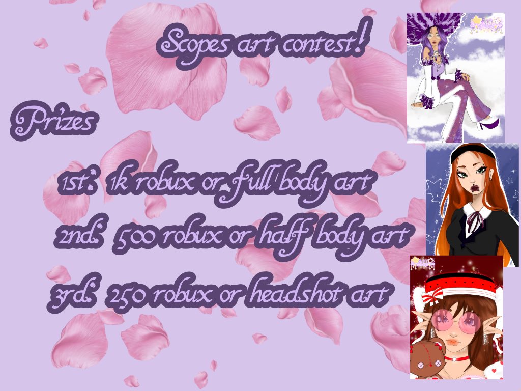 smollscope's tweet photo. SCOPES ART CONTEST!!!
(Ty for the idea @callmehleah_1 ❤️)
Prizes are #robux or #art
 Tag me @smollscope and use #scopesartcontest if you won’t enter tag your artsy friends!
Tag list below 👇 https://t.co/jJIbXXinzC