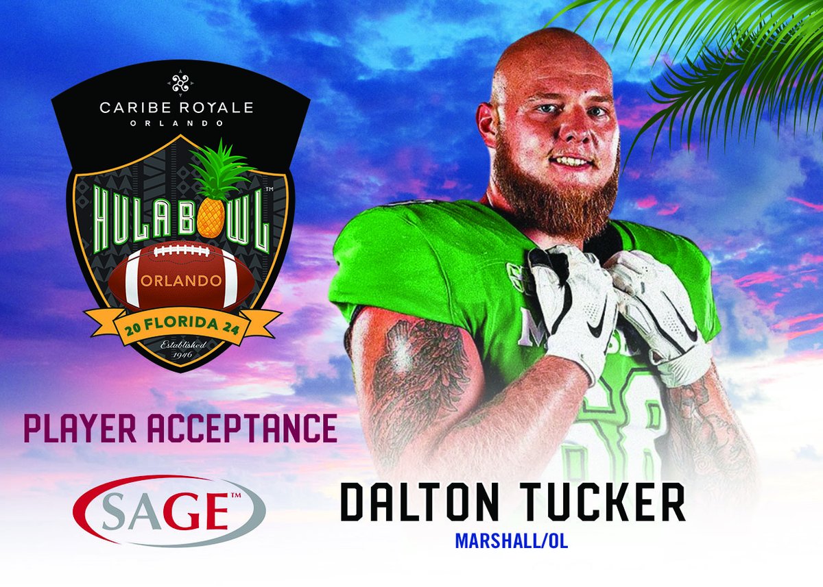 Hula_Bowl's tweet photo. @HerdFB offensive lineman Dalton Tucker @dalton_tucker68 will be blocking for our backs in Orlando because he has accepted his 2024 @CaribeRoyale Orlando #HulaBowl invite! @DraftDiamonds @SageCards https://t.co/e7cqz5vs1m