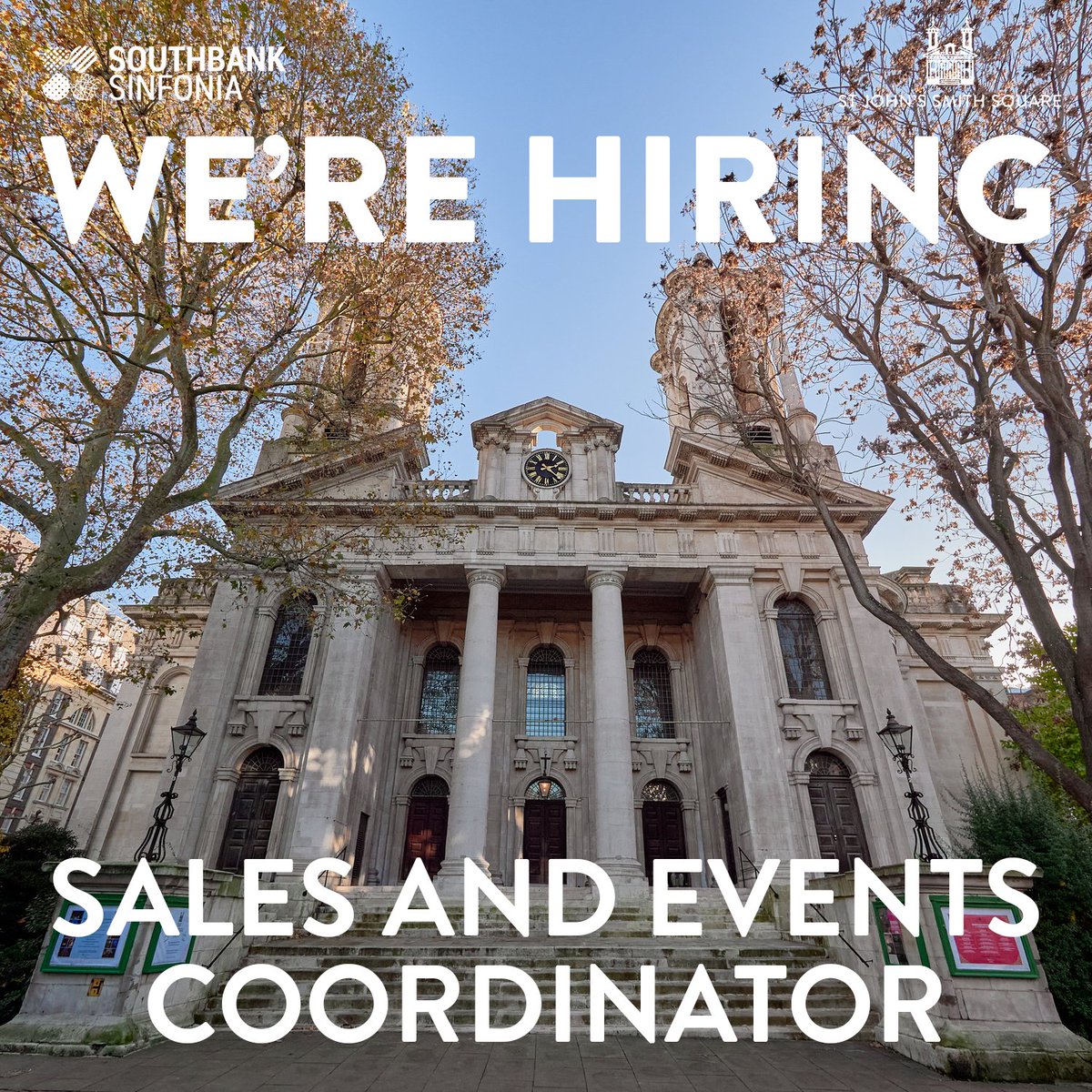 If you’re a confident self-starter with great people skills, we want to hear from you! 

Southbank Sinfonia at St John’s Smith Square is looking for a SALES &amp; EVENTS COORDINATOR.

Deadline: 5pm, Sun 14th Jan.
Find out more: bit.ly/SJSS-Vacancies.