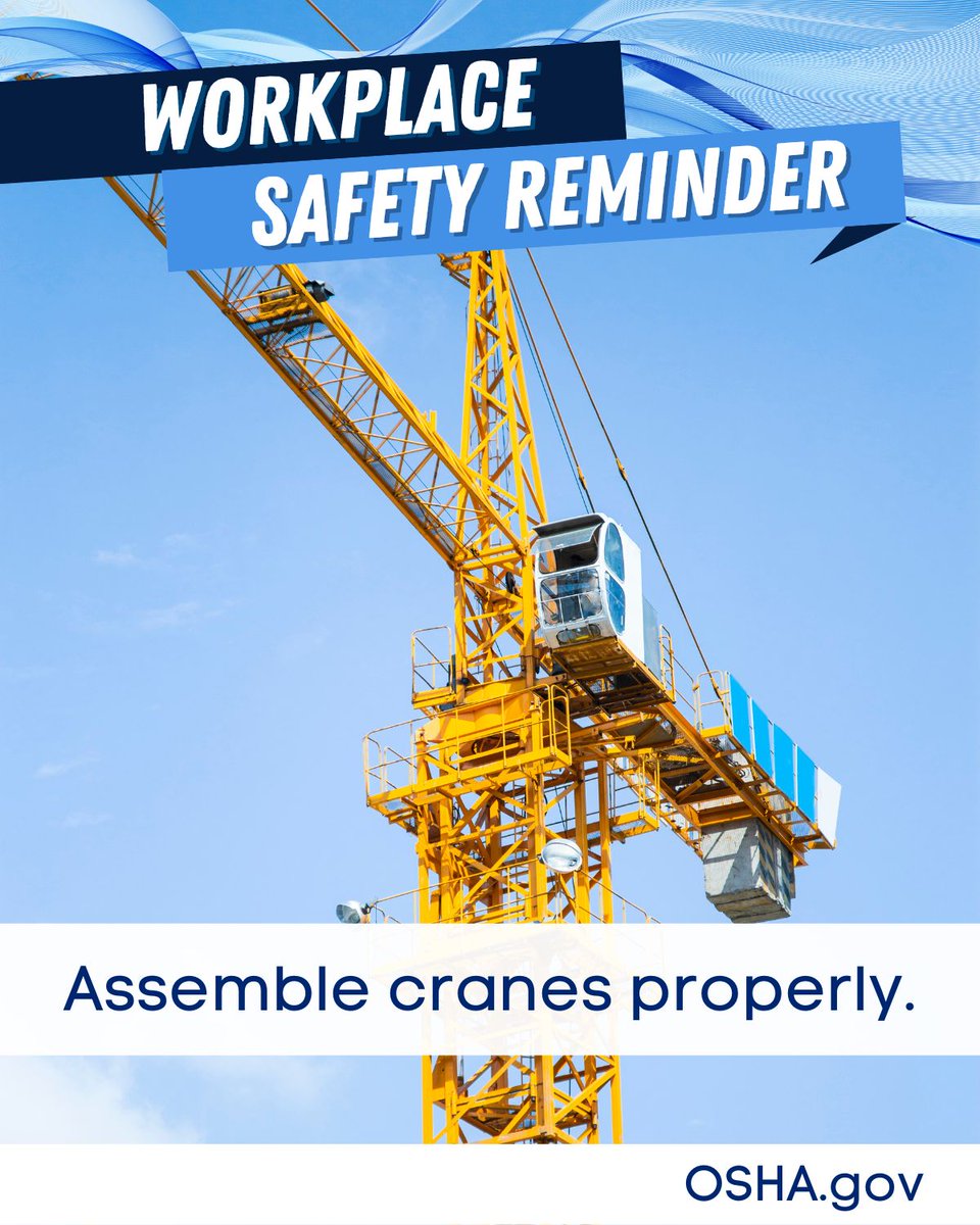 Did you know crane accidents often occur from factors like equipment failure or lack of training?

Always:
🏗️Follow proper assembly procedures when erecting cranes
🏗️Have a qualified rigger complete all rigging

Read OSHA's full fact sheet here: osha.gov/sites/default/…

#Safety