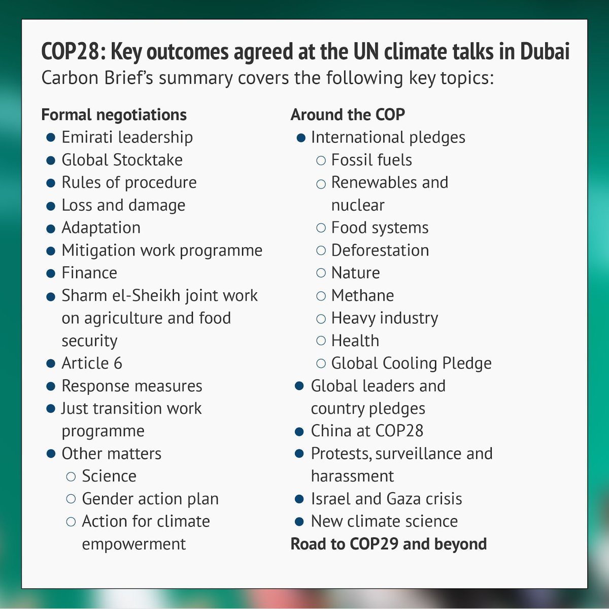 Carbon Brief (@carbonbrief) on Twitter photo COP28: Key outcomes agreed at the UN climate talks in Dubai
✍️ <a href="/aruna_sekhar/">Aruna Chandrasekhar</a> <a href="/daisydunnesci/">Daisy Dunne</a> <a href="/orladwyer_/">Orla Dwyer</a> <a href="/DrSimEvans/">Simon Evans</a> <a href="/Josh_Gabbatiss/">Josh Gabbatiss</a> <a href="/MollyLempriere/">Molly Lempriere</a> <a href="/_AN_Patel/">Anika Patel</a> <a href="/AyeshaTandon/">Ayesha Tandon</a> <a href="/GAViglione/">Giuliana A. Viglione, PhD</a>
#COP28
➡️ bit.ly/48rw72m COP28: Key outcomes agreed at the UN climate talks in Dubai
✍️ <a href="/aruna_sekhar/">Aruna Chandrasekhar</a> <a href="/daisydunnesci/">Daisy Dunne</a> <a href="/orladwyer_/">Orla Dwyer</a> <a href="/DrSimEvans/">Simon Evans</a> <a href="/Josh_Gabbatiss/">Josh Gabbatiss</a> <a href="/MollyLempriere/">Molly Lempriere</a> <a href="/_AN_Patel/">Anika Patel</a> <a href="/AyeshaTandon/">Ayesha Tandon</a> <a href="/GAViglione/">Giuliana A. Viglione, PhD</a>
#COP28
➡️ bit.ly/48rw72m