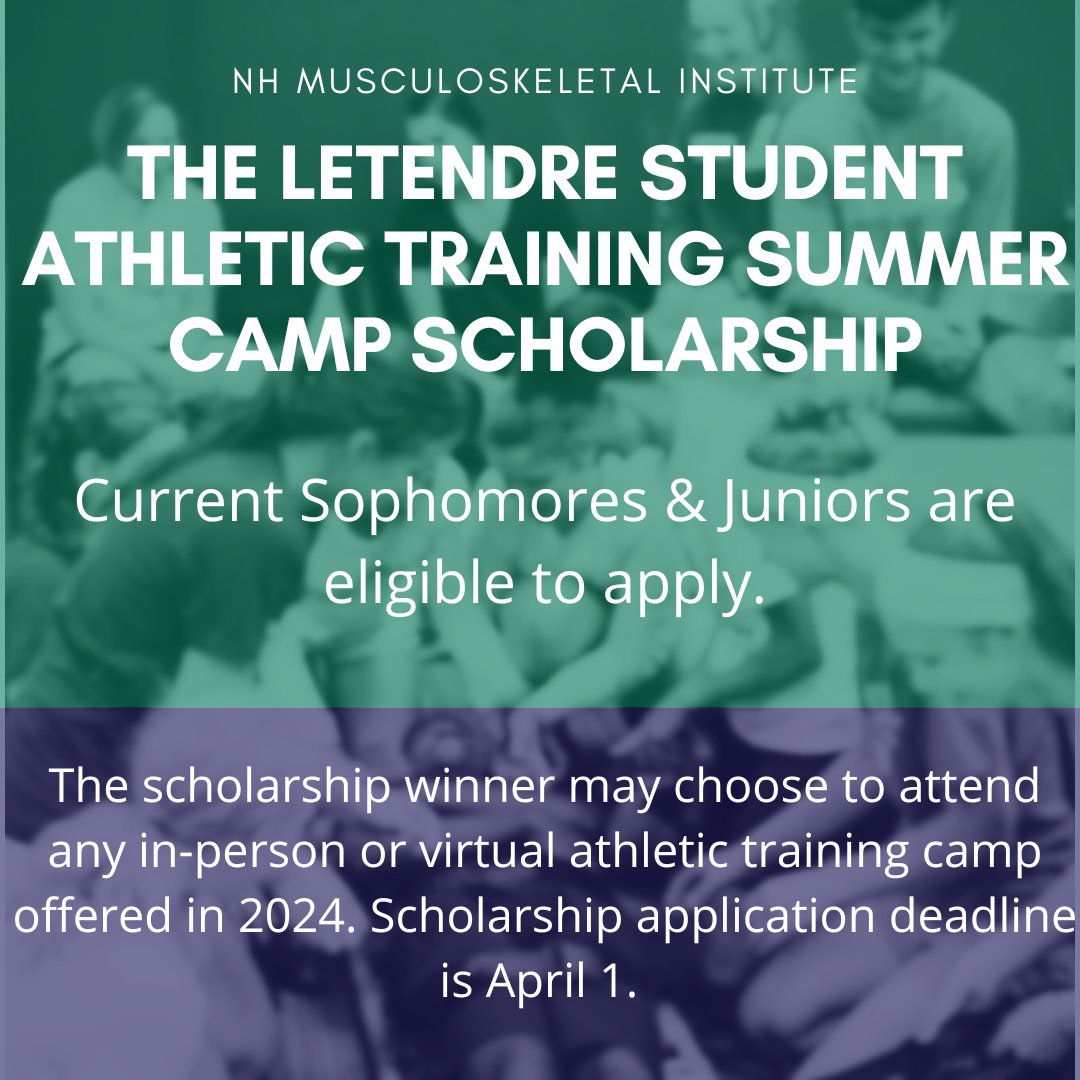 NHMI1994's tweet photo. The Letendre Student Athletic Training Summer scholarship provides funds for high school students interested in pursuing a career in athletic training, to attend a summer camp. Current year sophomores &amp; juniors are eligible to apply. 
For more information: https://t.co/wiKUL52slC https://t.co/6CRP0Km4ym