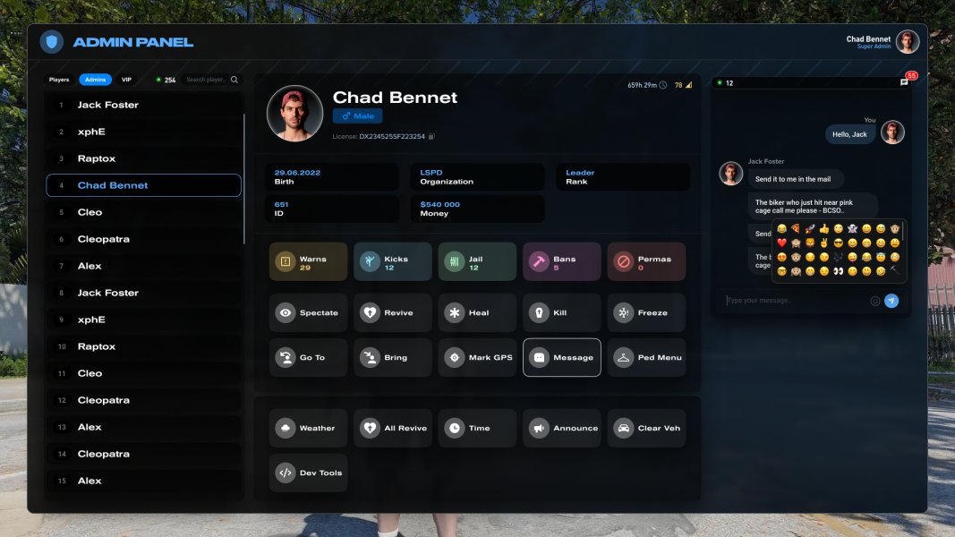 disruptiverp's tweet photo. Ever curious what a Staff or Admin Panel looks like in #FiveM? 

We're lucky that two of our developers have created a really cool and unique Admin Panel, and that it is deployed in our server.

If you're interested in joining staff or admin later, this is what you get! https://t.co/m0x5HNyjSg