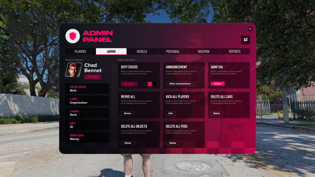 disruptiverp's tweet photo. Ever curious what a Staff or Admin Panel looks like in #FiveM? 

We're lucky that two of our developers have created a really cool and unique Admin Panel, and that it is deployed in our server.

If you're interested in joining staff or admin later, this is what you get! https://t.co/m0x5HNyjSg