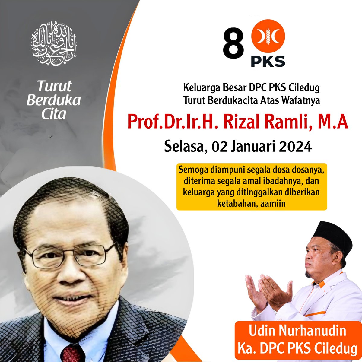 DPCPKSCILEDUG's tweet photo. Innalillahi wa inna ilaihi raji'un. Turut berduka cita yang mendalam atas wafatnya Bapak @RamliRizal Semoga Allah SWT mengampuni segala dosanya, dan memberikan kekuatan serta kesabaran kepada keluarga yang ditinggalkan. Aamiin https://t.co/PIkkquaHqz