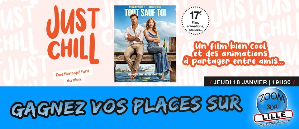 zoomsurlille's tweet photo. 🎬 @zoomsurlille et Kinepolis Lomme vous offrent vos places pour la soirée «Just Chill – Tout sauf toi » le jeudi 18 janvier 2024 à 19h30 ! 🎬

Pour jouer :
- formulaire de participation >>> https://t.co/YBISzTDiMH
- retweeter ce post !

🍀Bonne chance !!!🍀

#jeux #jeuxconcours https://t.co/BxTKF2XNzK