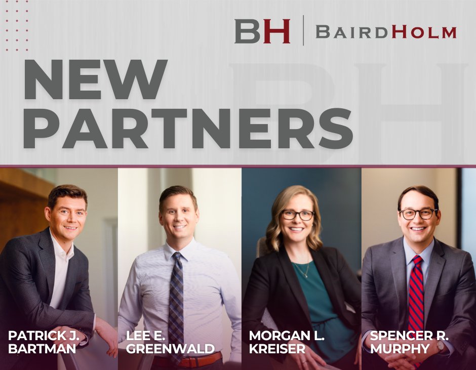 BairdHolm's tweet photo. Baird Holm is proud to announce that Patrick Bartman, Lee Greenwald, Morgan Kreiser, and Spencer Murphy have been promoted to Partners within the firm! 

Read the full press release here: https://t.co/OWHrWjHcO8 https://t.co/fYoPF2KHkb