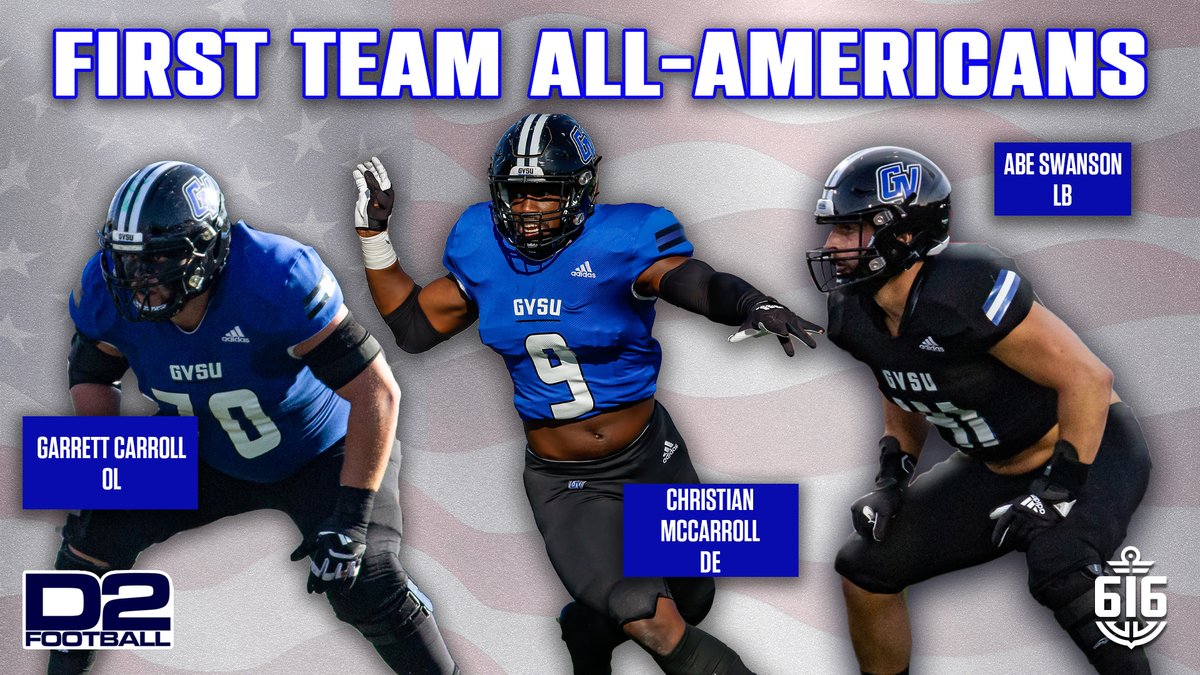 👏 Three Lakers tabbed <a href="/D2Football/">D2Football</a> 2023 First-Team All-Americans. LB <a href="/abeswanson20/">Coach Abe Swanson</a>, DE <a href="/ChrisMcCarroll9/">Chris McCarroll</a> and OL Garrett Carroll become 2023 consensus All-America honorees. #AnchorUp