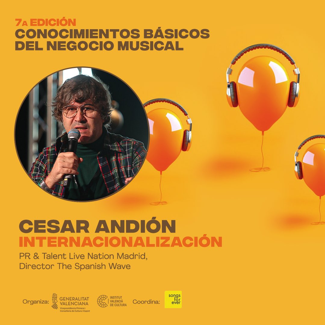 songsforever's tweet photo. Aprende de los mejores! En esta 7ª edición del Curso Conocimientos Básicos del Negocio Musical tendremos el placer de contar con:

👤 César Andión, PR &amp; Talent Live Nation Madrid y Director The Spanish Wave, quien nos ofrecerá una sesión imprescindible sobre Internacionalización. https://t.co/GXSCxOOD2y