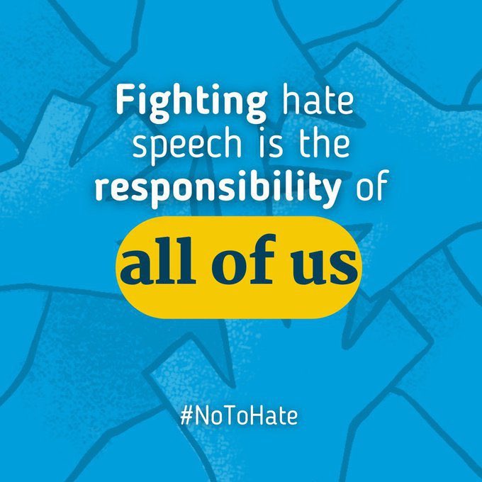 Each of us can take action & say #NoToHate: ✅ Fact-check ✅ Challenge hate by sharing messages of tolerance ✅ Support people targeted by hate speech ✅ Report hate speech on social platforms Share this & help make your social feeds a no-hate zone. un.org/en/hate-speech