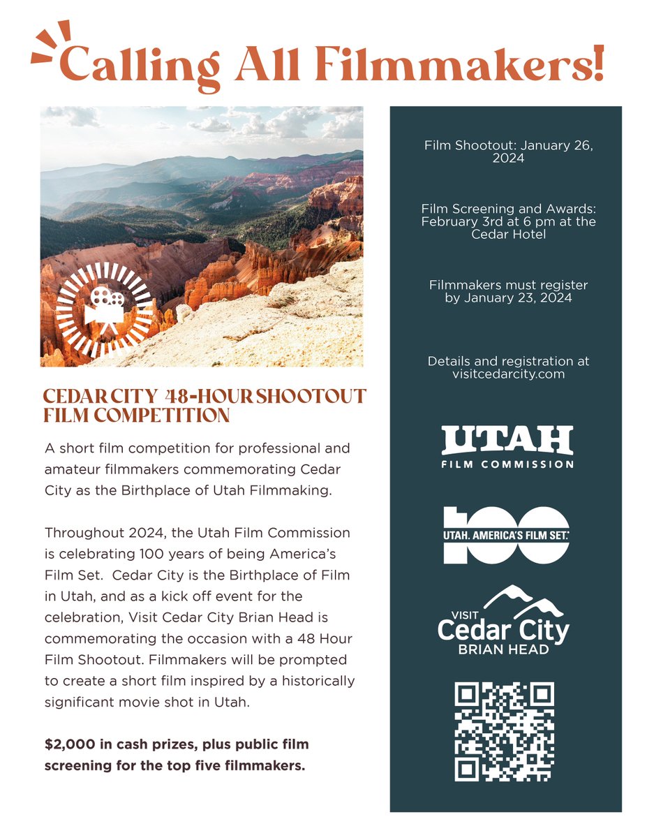 VisitCedarCity's tweet image. We're teaming up with @Film_Utah to celebrate 100 years of film in Utah with a competitive film shootout!
·
Details are included in the flyer below or you can follow the 📷included here visitcedarcity.com/2024-cedar-cit… #visitcedarcity #filmutah