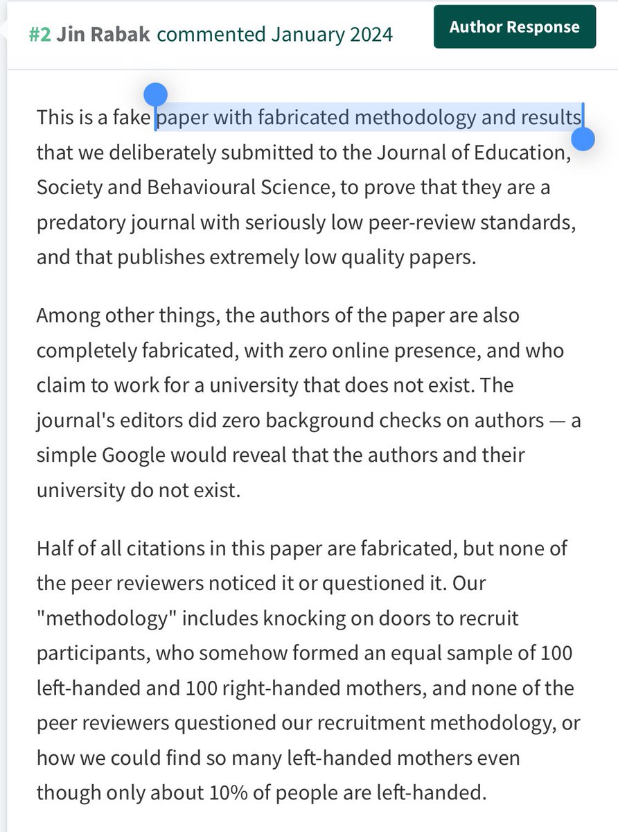 Retracted hoax 🤰🤚🌈👦🇸🇬: “Left-Handed Mothers and LGBTQ+ Child Acceptance in Singapore: Exploring the Link through Early Life Rejection” — A sting operation to question the peer review process of the Journal of Education, Society and Behavioural Science pubpeer.com/publications/8…