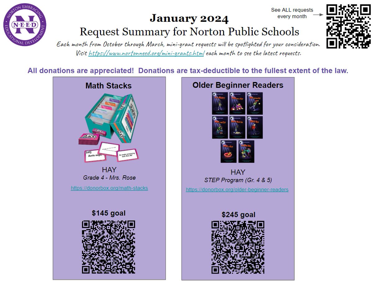 January Mini-Grants are here!
You can find information for each grant by following these links
donorbox.org/older-beginner…
donorbox.org/math-stacks

Want to help spread the word? Share this post with a family you know that has a student at the <a href="/HAYSchoolNorton/">Henri A. Yelle Elementary School</a>
Thanks for your support!